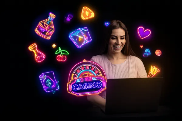 JILI7978 Games — Explore our rich library of casino classics A woman smiling while playing online games on her laptop, surrounded by neon casino elements, showcasing JILI7978’s diverse game collection.