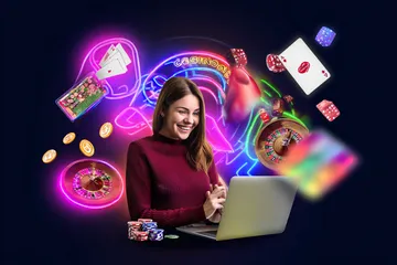 JILI7978 Games — Discover modern slots and table adventures A man celebrating a winning moment on his laptop while gaming symbols float around him, capturing the excitement of JILI7978 games.